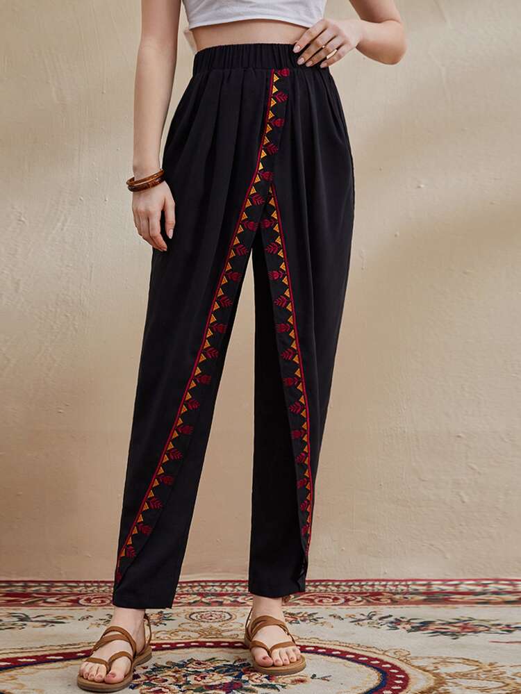 Elastic Waist Geo Embroidered Carrot Pants