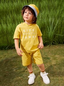 Toddler Boys Slogan Graphic Patched Detail Hooded Top & Shorts Set - Yellow - View 2
