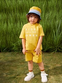 Toddler Boys Slogan Graphic Patched Detail Hooded Top & Shorts Set - Yellow - View 3