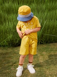 Toddler Boys Slogan Graphic Patched Detail Hooded Top & Shorts Set - Yellow - View 4
