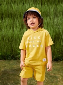 Toddler Boys Slogan Graphic Patched Detail Hooded Top & Shorts Set - Yellow - View 5