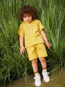 Toddler Boys Slogan Graphic Patched Detail Hooded Top & Shorts Set - Yellow - View 6