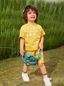 Toddler Boys Slogan Graphic Patched Detail Hooded Top & Shorts Set - Yellow - View 9