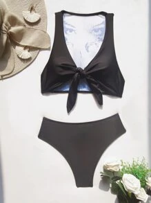 Figure Graphic Knot Front Bikini Set, For Summer Beach Vacation - Black - View 6