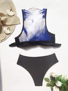 Figure Graphic Knot Front Bikini Set, For Summer Beach Vacation - Black - View 4