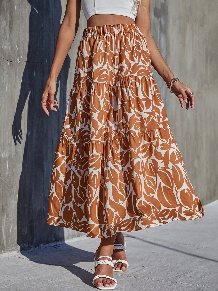 彈性腰帶荷葉邊滿版印花半身裙 - 彩色 - 查看 1