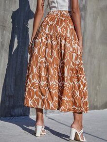 彈性腰帶荷葉邊滿版印花半身裙 - 彩色 - 查看 2