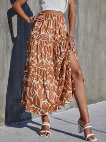 彈性腰帶荷葉邊滿版印花半身裙 - 彩色 - 查看 4