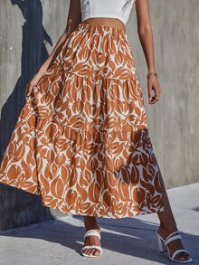 彈性腰帶荷葉邊滿版印花半身裙 - 彩色 - 查看 5