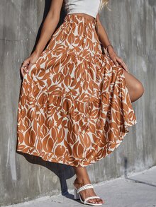 彈性腰帶荷葉邊滿版印花半身裙 - 彩色 - 查看 6