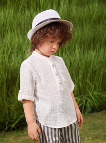 SHEIN Toddler Boys Half Button Patch Pocket Shirt - White - View 2