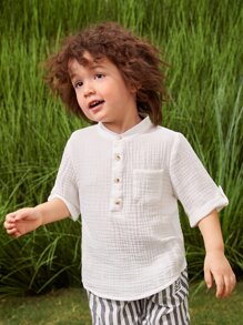 SHEIN Toddler Boys Half Button Patch Pocket Shirt - White - View 3