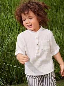 SHEIN Toddler Boys Half Button Patch Pocket Shirt - White - View 7