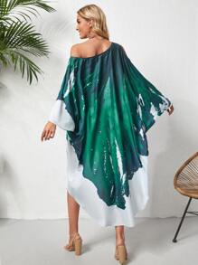 撞色不對稱領蝙蝠袖前短後長連衣裙 - 綠色 - 查看 2