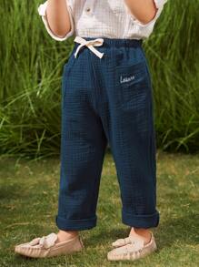 SHEIN 年輕男孩打結腰帶字母刺繡口袋貼布褲子 - 藏蓝色 - 查看 1