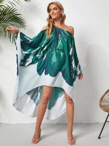 撞色不對稱領蝙蝠袖前短後長連衣裙 - 綠色 - 查看 3