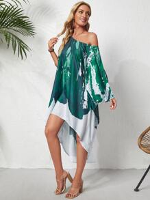 撞色不對稱領蝙蝠袖前短後長連衣裙 - 綠色 - 查看 4