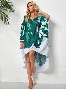 撞色不對稱領蝙蝠袖前短後長連衣裙 - 綠色 - 查看 6