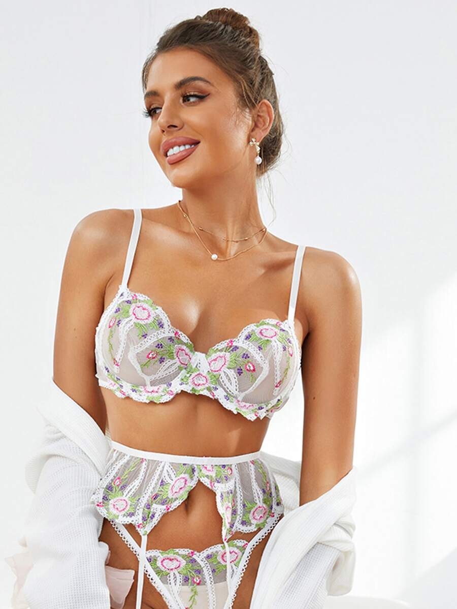 SHEIN Cut Out Embroidery Mesh Sexy Lingerie - Multicolor - View 1