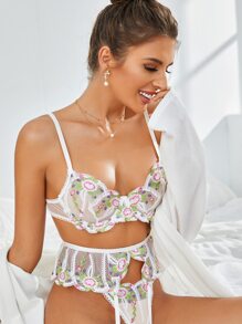 SHEIN Cut Out Embroidery Mesh Sexy Lingerie - Multicolor - View 3