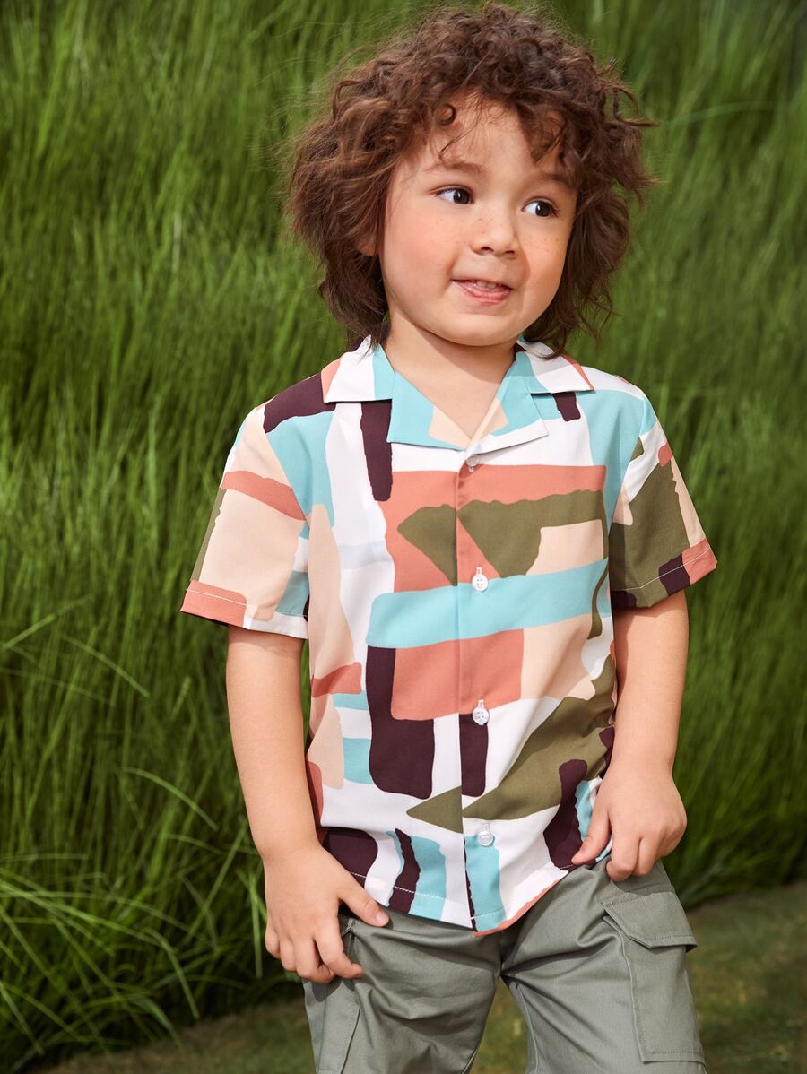 SHEIN Toddler Boys Colour Block Button Front Shirt - Multicolor - View 1