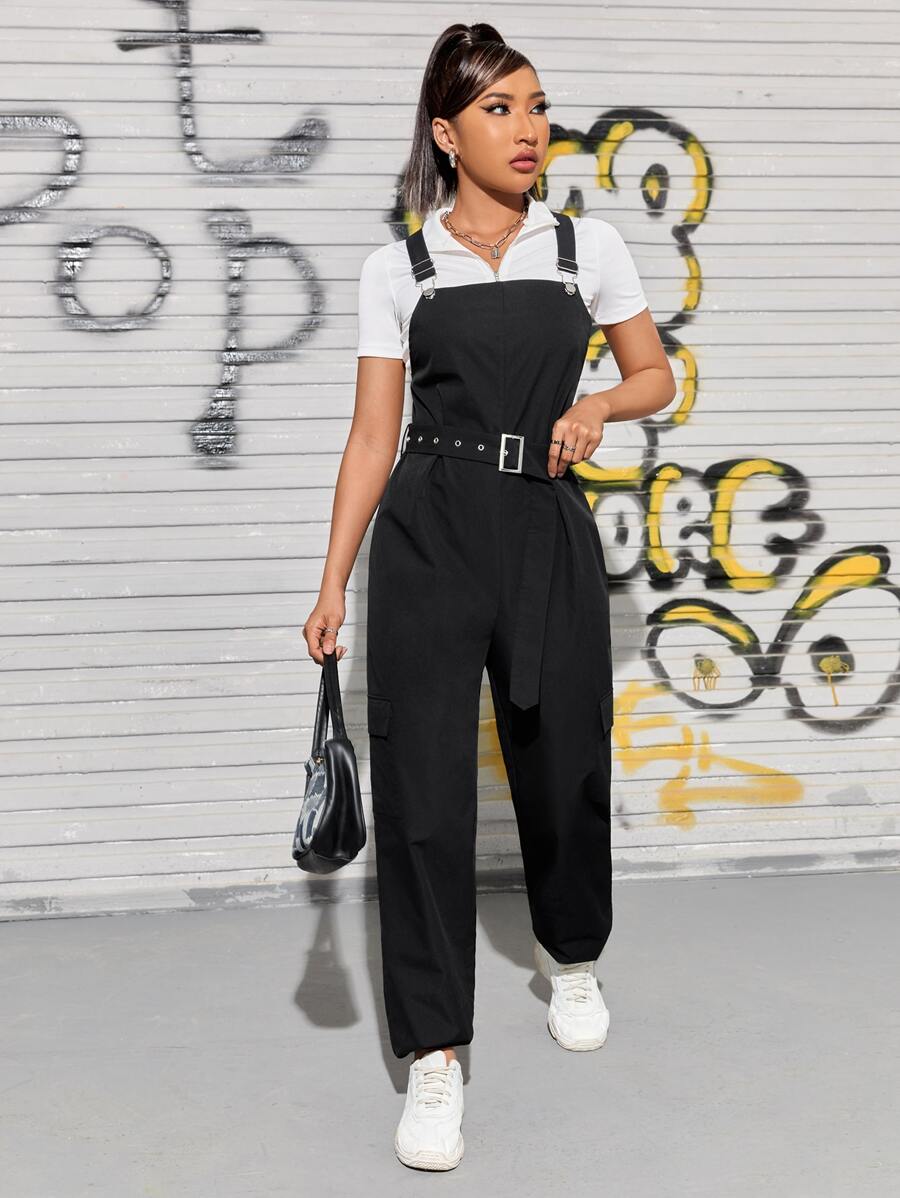 Áo liền quần nữ Thắt lưng Túi màu trơn Sẵn sàng - màu đen - Xem 1