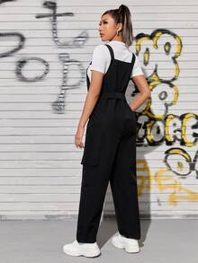 Áo liền quần nữ Thắt lưng Túi màu trơn Sẵn sàng - màu đen - Xem 2