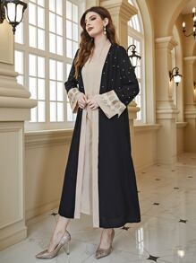 Al Najma Pearls Beaded Guipure Lace Insert Belted Coat & Dress 2 Piece Set - Multicolor - View 4