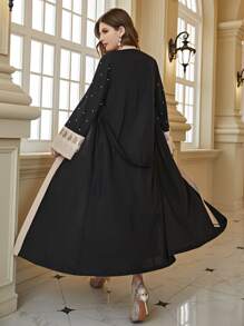 Al Najma Pearls Beaded Guipure Lace Insert Belted Coat & Dress 2 Piece Set - Multicolor - View 2