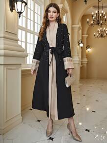 Al Najma Pearls Beaded Guipure Lace Insert Belted Coat & Dress 2 Piece Set - Multicolor - View 3