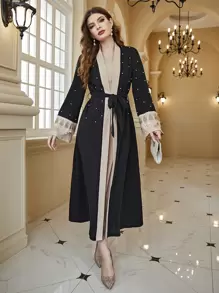 Al Najma Pearls Beaded Guipure Lace Insert Belted Coat & Dress 2 Piece Set - Multicolor - View 1