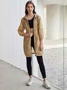 SHEIN Unity Lightweight Drawstring Waist Trench Coat - Khaki - View 1