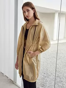 SHEIN Unity Lightweight Drawstring Waist Trench Coat - Khaki - View 3