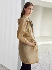 SHEIN Unity Lightweight Drawstring Waist Trench Coat - Khaki - View 5