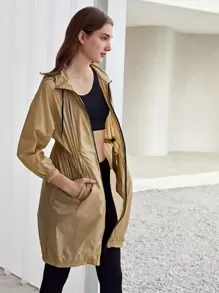 SHEIN Unity Lightweight Drawstring Waist Trench Coat - Khaki - View 10