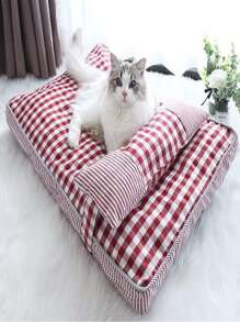 1pc Gingham Print Pet Bed - Red and White - View 1