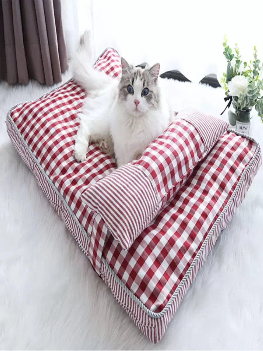 1pc Gingham Print Pet Bed - Red and White - View 1