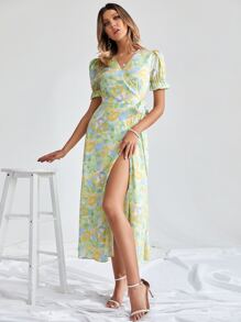 交疊領印花高衩洋裝 - 彩色 - 查看 1