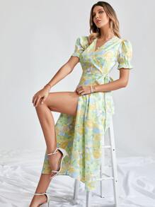 交疊領印花高衩洋裝 - 彩色 - 查看 3