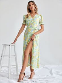 交疊領印花高衩洋裝 - 彩色 - 查看 4