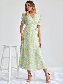 交疊領印花高衩洋裝 - 彩色 - 查看 5