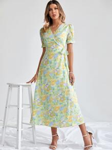 交疊領印花高衩洋裝 - 彩色 - 查看 6