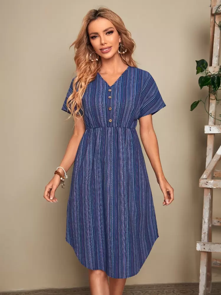 Robe à manches chauve-souris à rayures asymétrique - Multicolore - Voir 1