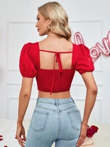 Chiquease Sweetheart Neck Ruched Bust Cut Out Crop Blouse - Red - View 2