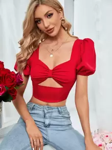 Chiquease Sweetheart Neck Ruched Bust Cut Out Crop Blouse - Red - View 3