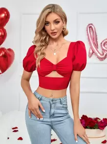 Chiquease Sweetheart Neck Ruched Bust Cut Out Crop Blouse - Red - View 4