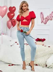 Chiquease Sweetheart Neck Ruched Bust Cut Out Crop Blouse - Red - View 5