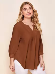 SHEIN LUNE Plus Notched Neck Curved Hem Top - Rust Brown - View 1