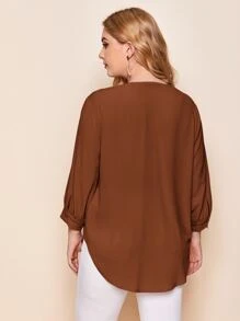 SHEIN LUNE Plus Notched Neck Curved Hem Top - Rust Brown - View 2