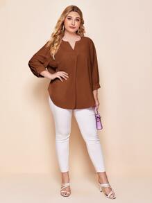 SHEIN LUNE Plus Notched Neck Curved Hem Top - Rust Brown - View 3